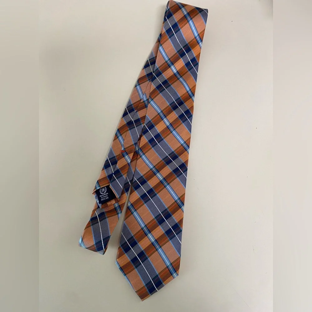 CHAPS Men’s 100% Silk Plaid‎ Necktie Orange Navy